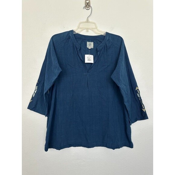 Bsbee Monroe Linen Top Pueblo Navy Blue Boxy Embroidered Aztec Women's Large NEW - Picture 1 of 10